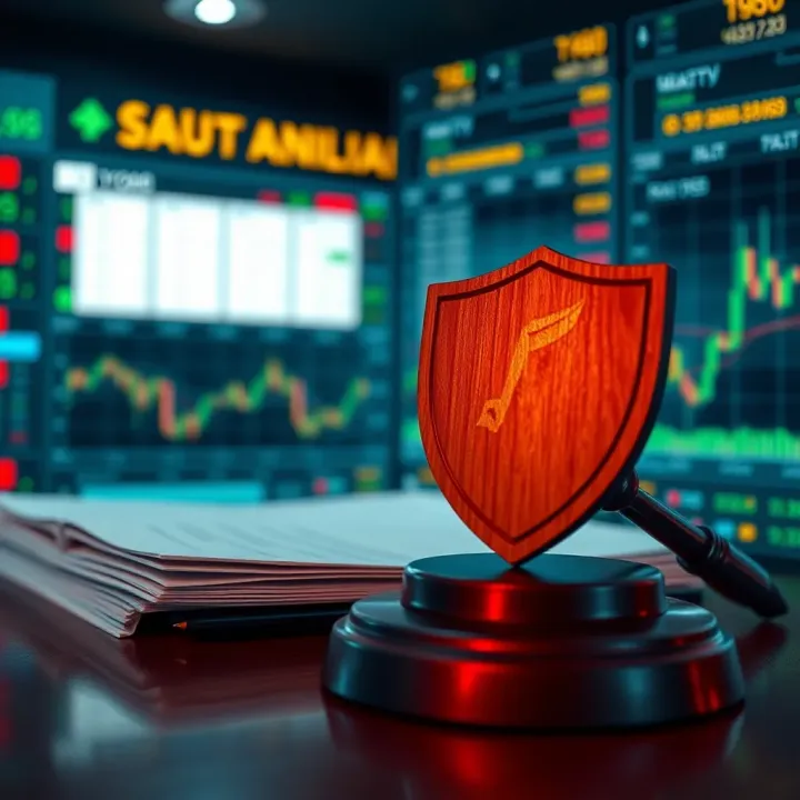 Secure trading environment with legal documents and protective shield symbolizing legal safeguards in forex trading
