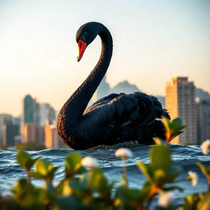 Illustration of rare unpredictable events impacting business with a stylized black swan over a South African city skyline
