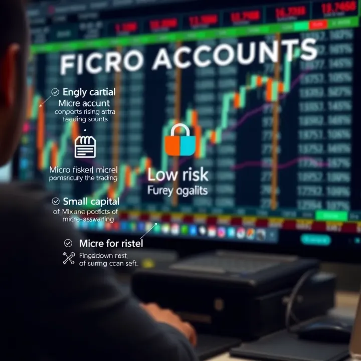 Diagram explaining the benefits of using micro accounts for forex trading with icons representing low risk and small capital