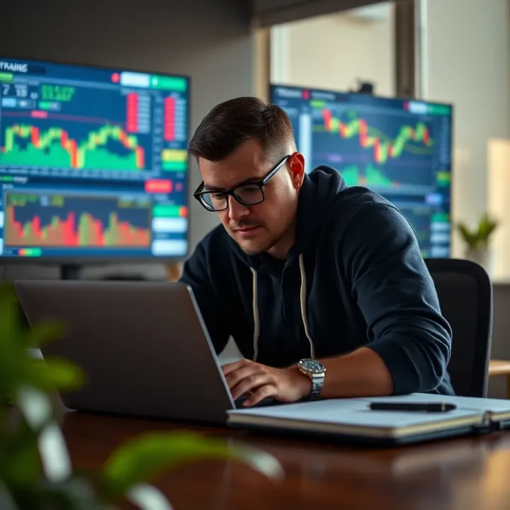 Illustration of a trader analyzing charts and managing risks using a laptop