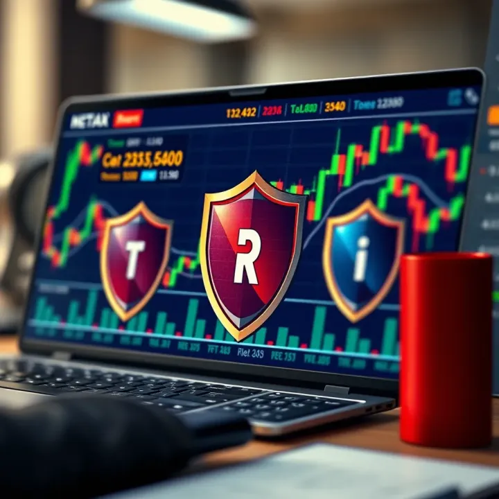 Illustration of risk management tools with charts and protective shields symbolizing safe forex trading