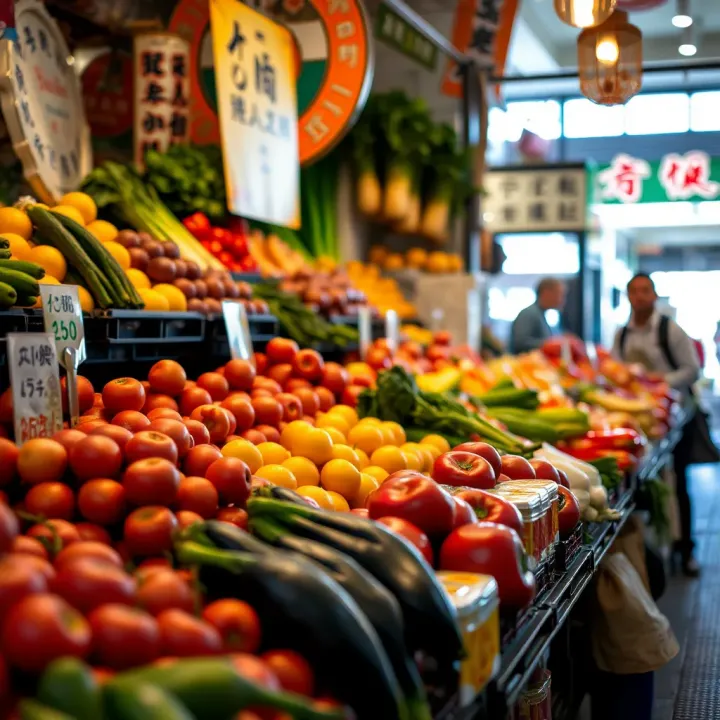 Fresh colorful fruits and vegetables displayed at Tokai Market