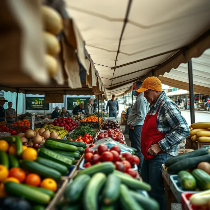 Outdoor market stalls with various fruits and vegetables under tents
