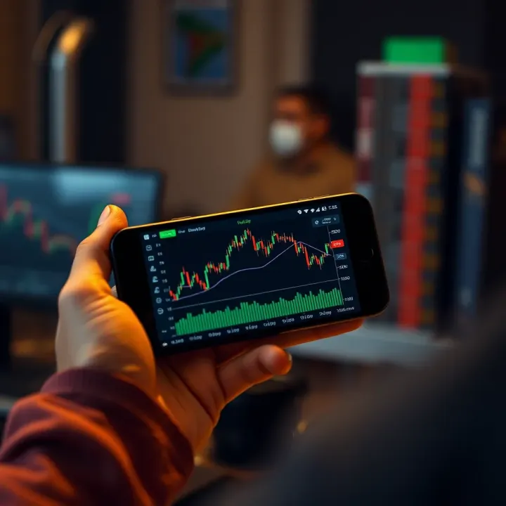 Mobile phone displaying a trading application interface with stock charts and market data