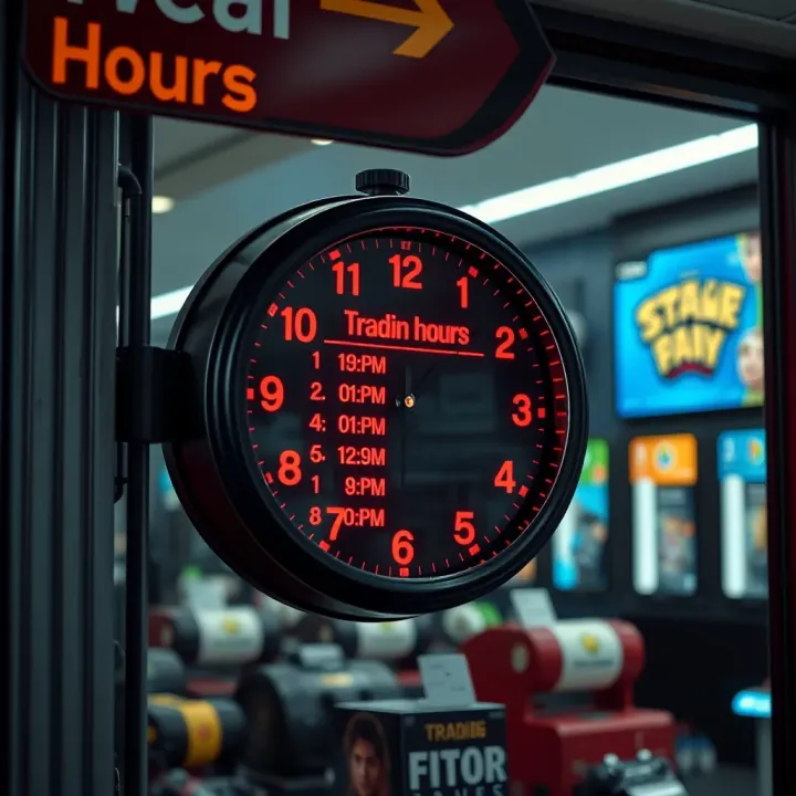 Clock showing trading hours on a signboard outside a local game store