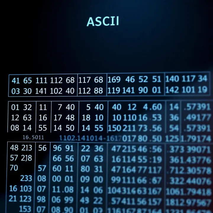 Diagram illustrating the layout of the ASCII table showing characters with their corresponding decimal and binary codes