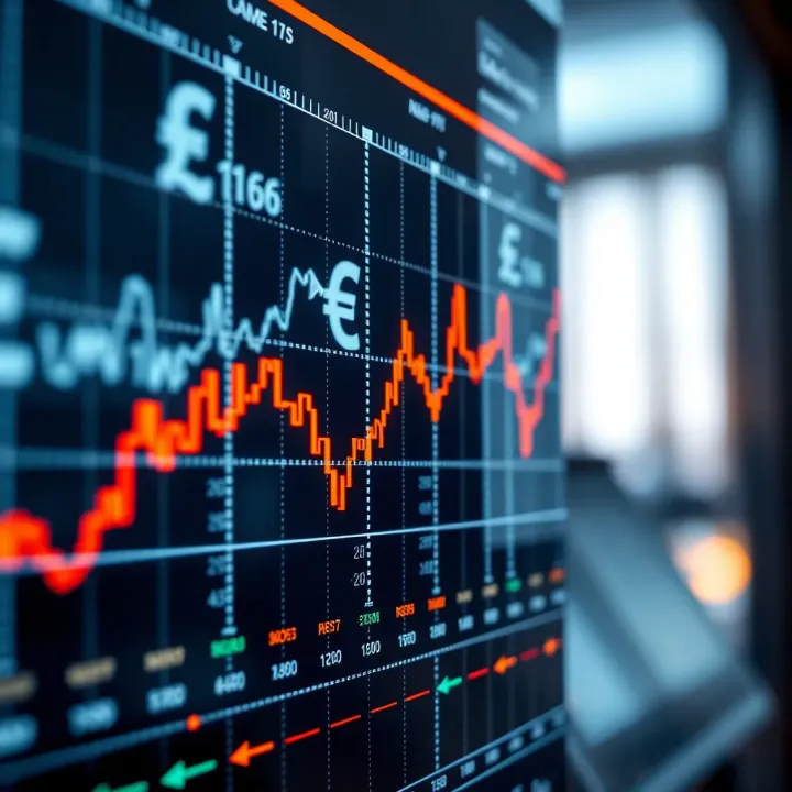 Graph illustrating automated forex trading activity with currency symbols and digital data overlays