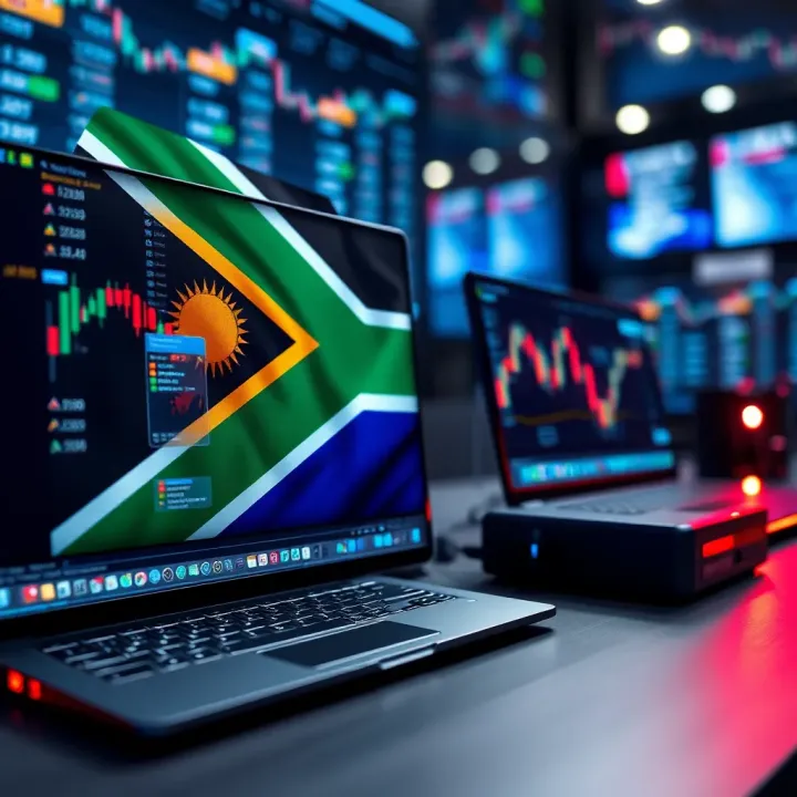 Conceptual representation of forex trading platforms with South African flag and secure technology elements