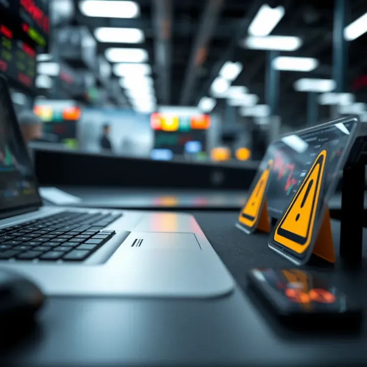 Visual representation of risks and considerations in automated binary options trading with caution symbols and financial data