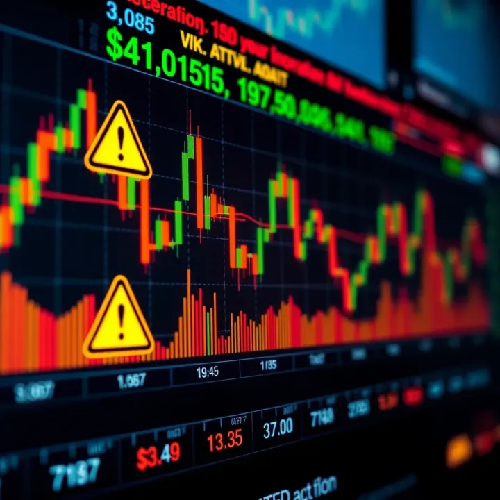 Digital screen displaying fluctuating binary options trading graph with warning symbols