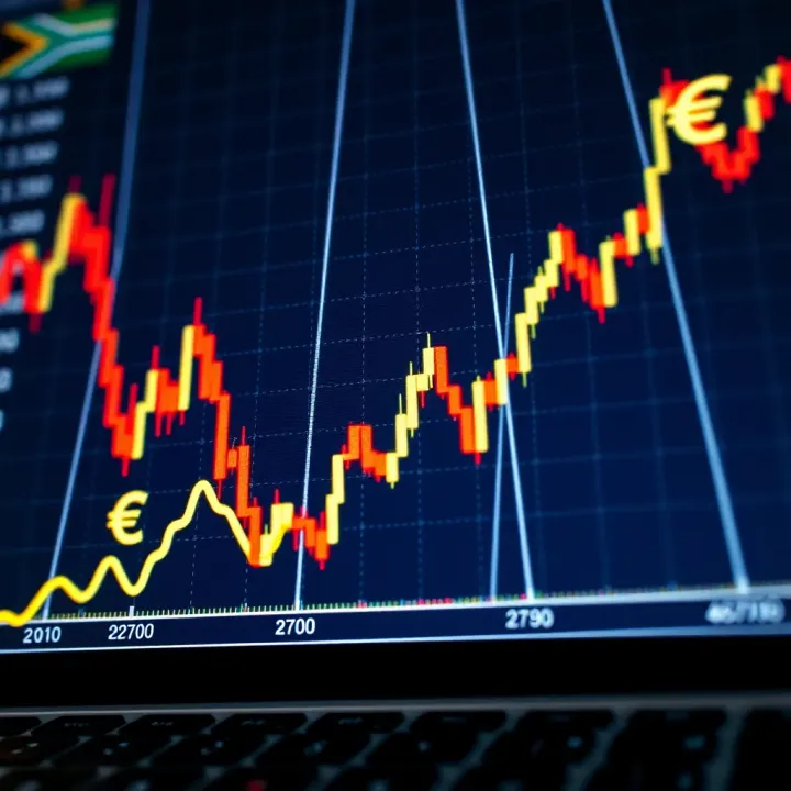 Graph showing upward and downward financial market trends with South African currency symbols