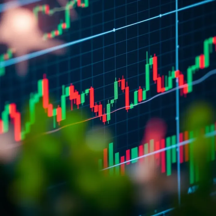Chart showing candlestick formations with trend lines and risk management indicators
