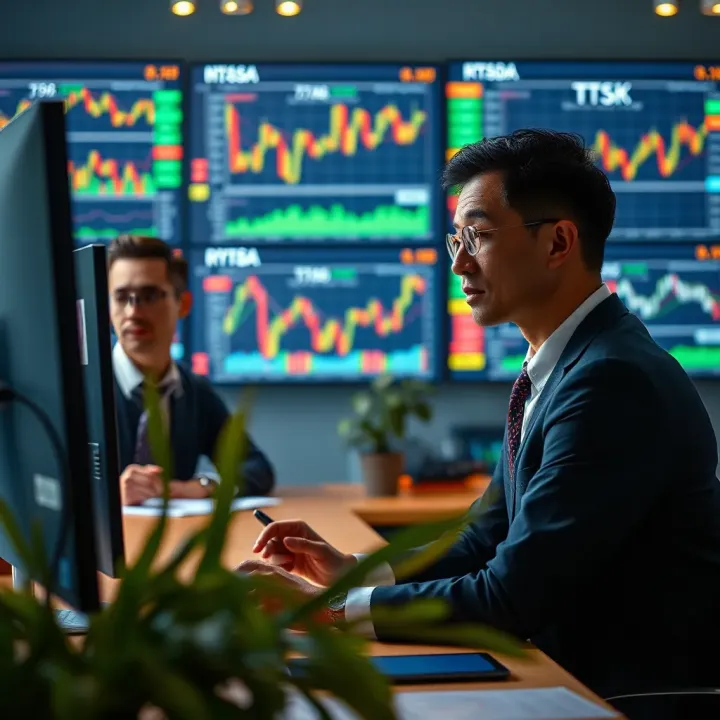 Illustration of business professionals analyzing financial charts and risk data on multiple screens