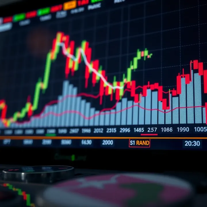 Graph showing forex trading platform with fluctuating currency exchange rates and South African Rand symbol