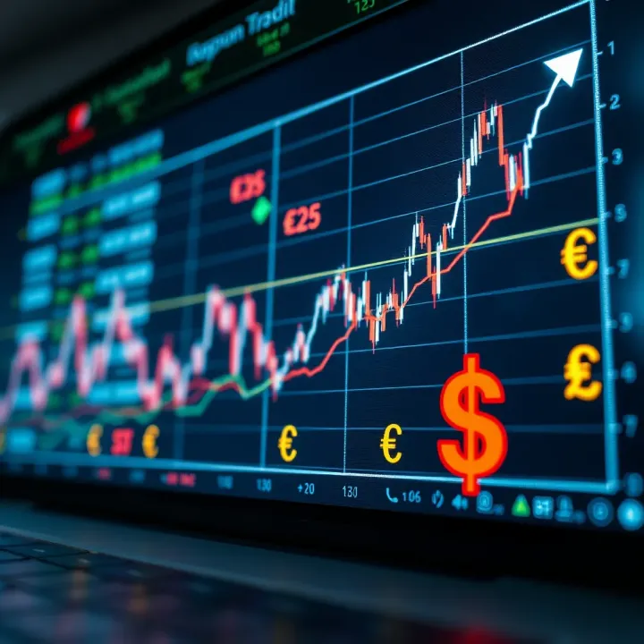 Graph showing forex trading performance with upward trend and currency symbols