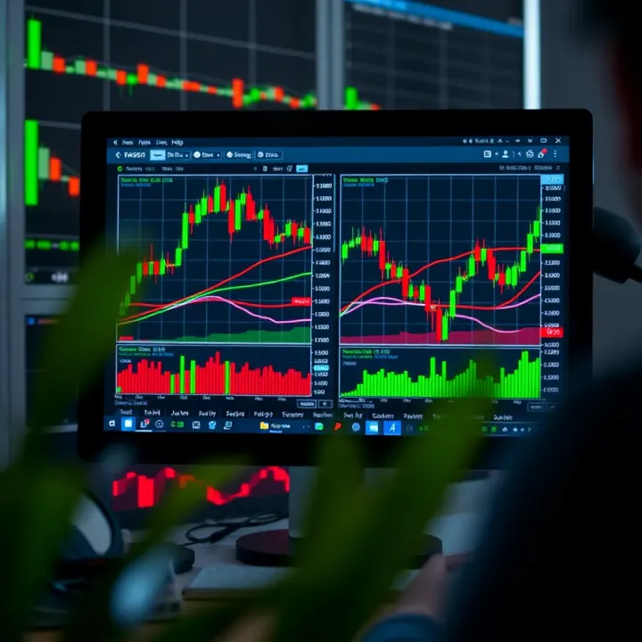 Computer screen displaying forex trading dashboard with charts and indicators