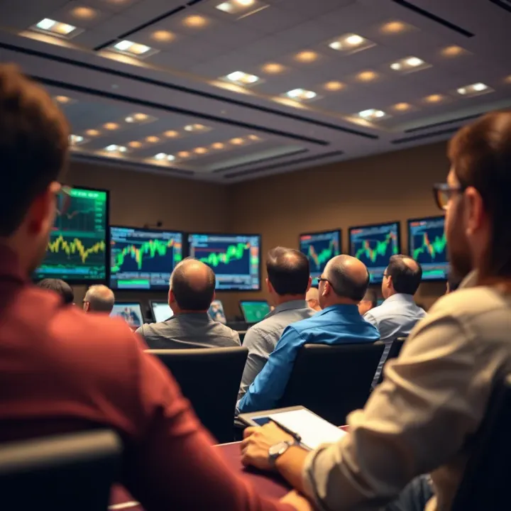 Participants engaging in a forex trading seminar with charts and data displayed on screens