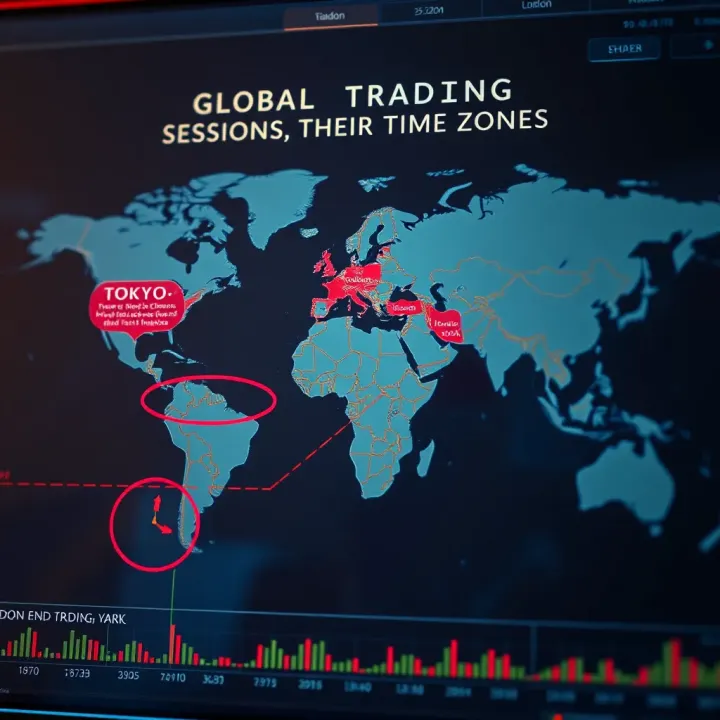 World map highlighting major forex trading sessions including Tokyo, London, and New York with their respective time zones