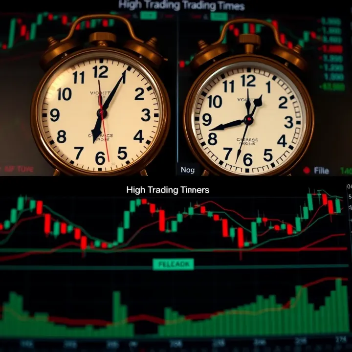 Clock faces showing overlapping forex trading session times alongside a chart indicating periods of high liquidity and volatility
