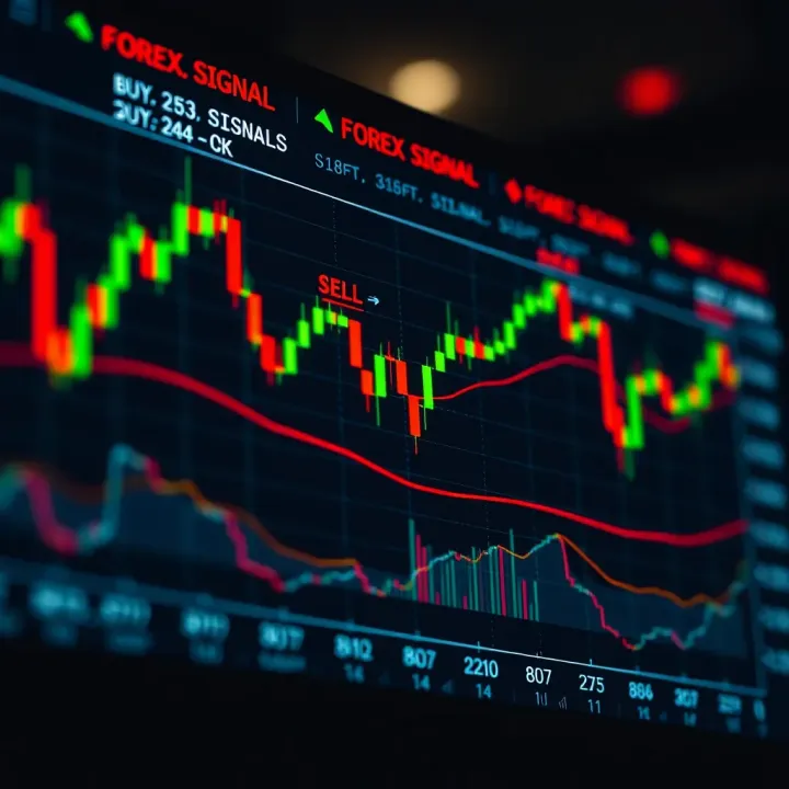 Chart showing forex trading signals with buy and sell indicators on currency pairs
