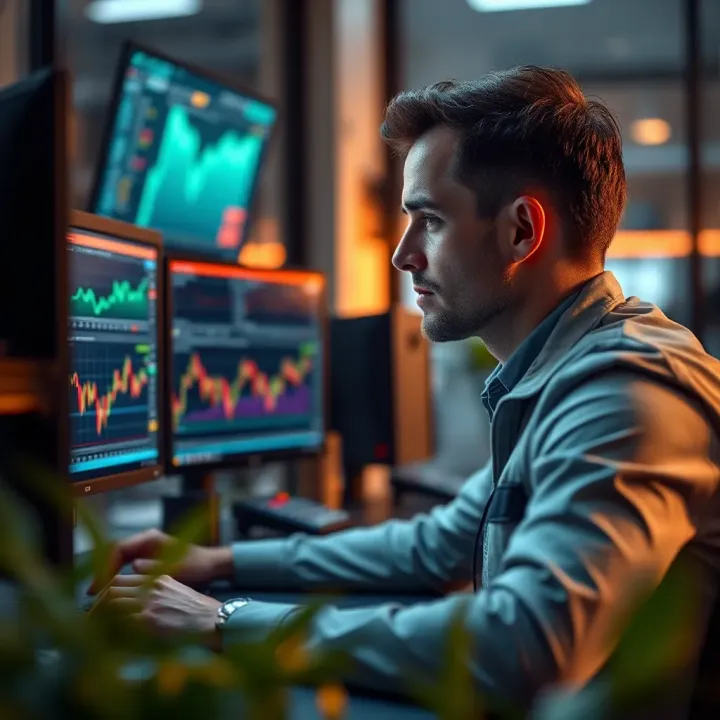 Trader Analyzing Live Binary Signals for Decision Making Illustration of a trader analyzing data and signals on dual computer screens