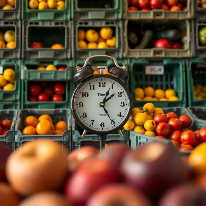 Clock showing different times against backdrop of fruit and vegetable crates representing varying trading hours