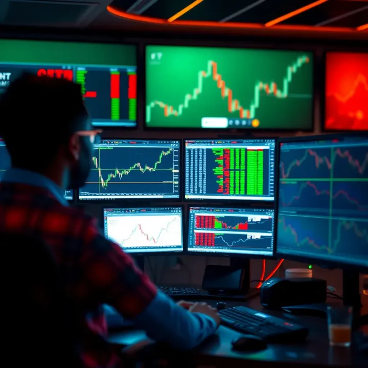 South African trader using multiple screens with forex tools and technical indicators for market decisions