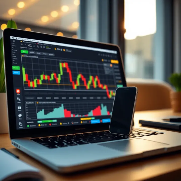 Laptop displaying forex trading charts and online course interface