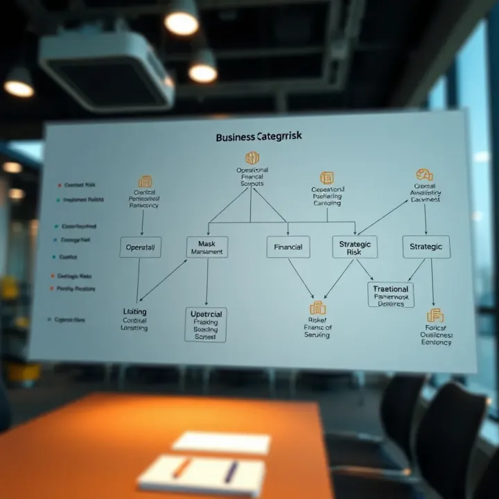 Flowchart illustrating various types of risks including operational, financial, and strategic risks interconnected within a business framework