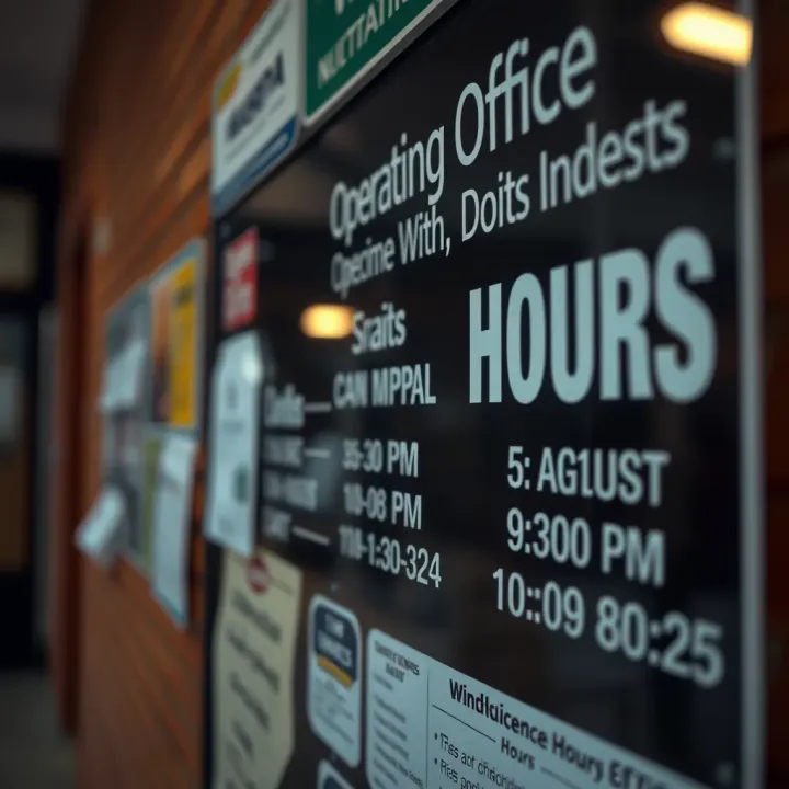 Close-up of Winklespruit Licence Office operating hours displayed on a notice board