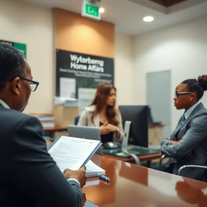 Desk at Wynberg Home Affairs showing documents and a visitor consulting with staff